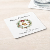 Vrolijk kerstfeest, loof krans met gouden klokken kartonnen onderzetters (Schuin)