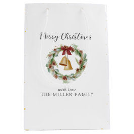 Vrolijk kerstfeest, loof krans met gouden klokken medium cadeauzakje