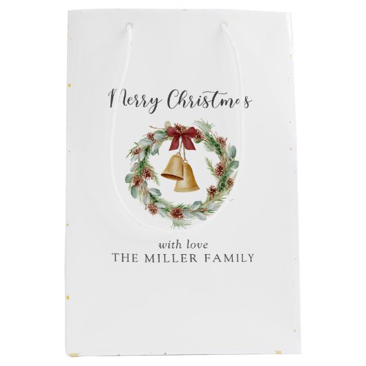 Vrolijk kerstfeest, loof krans met gouden klokken medium cadeauzakje (Voorkant)