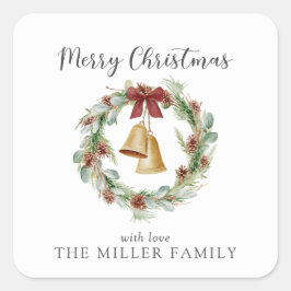Vrolijk kerstfeest, loof krans met gouden klokken vierkante sticker