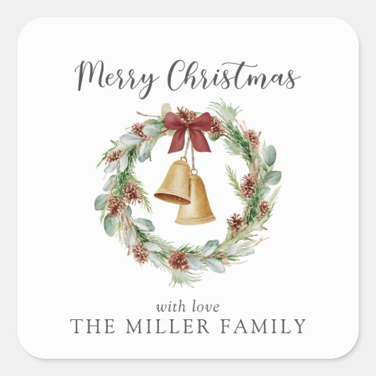 Vrolijk kerstfeest, loof krans met gouden klokken vierkante sticker (Voorkant)