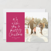 Vrolijk kerstfeest magenta roze leuke foto feestdagenkaart (Voorkant)