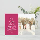 Vrolijk kerstfeest magenta roze leuke foto feestdagenkaart (Staand voorkant)