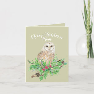 Vrolijk kerstfeest Mam Barn Owl Waterverf Feestdagen Kaart