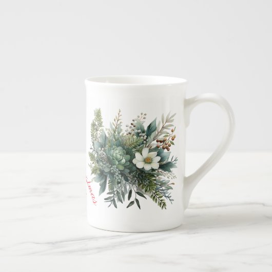 Vrolijk Kerstfeest Mama Groene Bloemen Porselein Kop (Rechts)