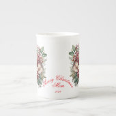 Vrolijk Kerstfeest Mama Wit Rood Groen Bloemen Porselein Kop (Voorkant)