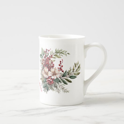 Vrolijk Kerstfeest Mama Wit Rood Groen Bloemen Porselein Kop (Rechts)