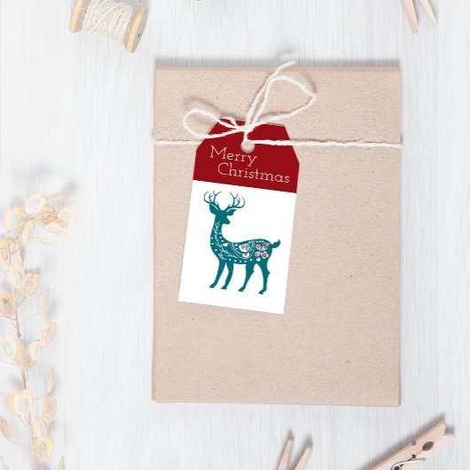 Vrolijk kerstfeest Matin Red Blauwe Reindekerst Cadeaulabel