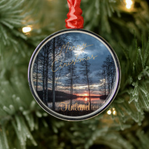 Vrolijk kerstfeest, meer landschap, Finland Metalen Ornament