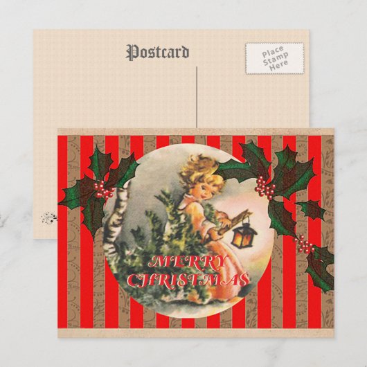 Vrolijk kerstfeest  meisje boom en lantaarn feestdagenkaart (Voorkant / Achterkant)
