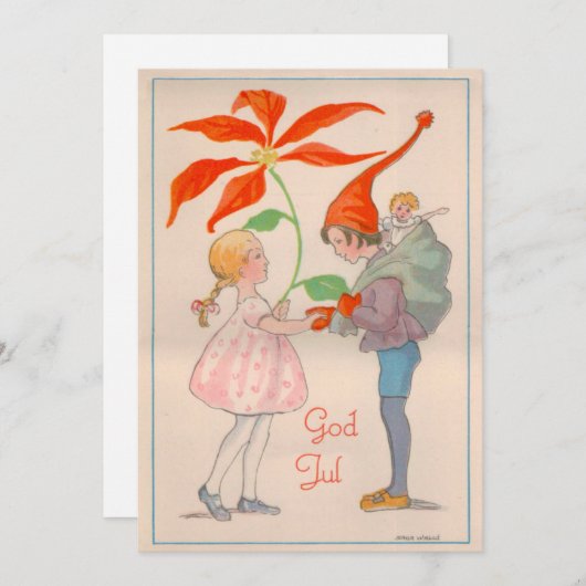 Vrolijk kerstfeest, meisje en elf, oude zweedse vi feestdagenkaart (Voorkant / Achterkant)