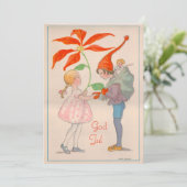 Vrolijk kerstfeest, meisje en elf, oude zweedse vi feestdagenkaart (Staand voorkant)