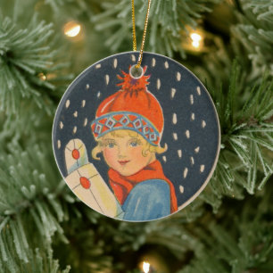 Vrolijk kerstfeest - meisje, oude Zweedse vintage Keramisch Ornament