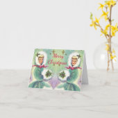 Vrolijk Kerstfeest Meisjes in Blauwe Jassen  Kaart (Gele Bloem)