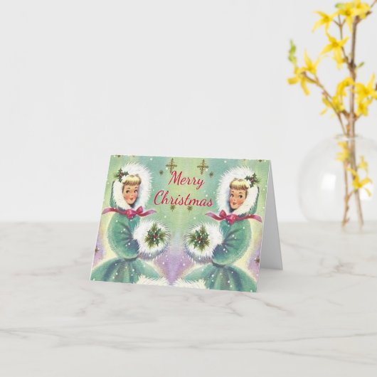 Vrolijk Kerstfeest Meisjes in Blauwe Jassen  Kaart (Gele Bloem)