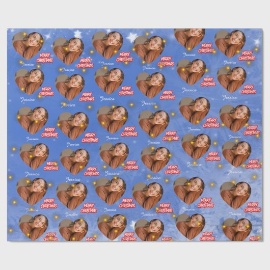 Vrolijk Kerstfeest met 1 Hartfoto en Naam Blauw Cadeaupapier (Vlak)