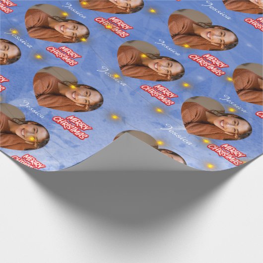 Vrolijk Kerstfeest met 1 Hartfoto en Naam Blauw Cadeaupapier (Hoek)