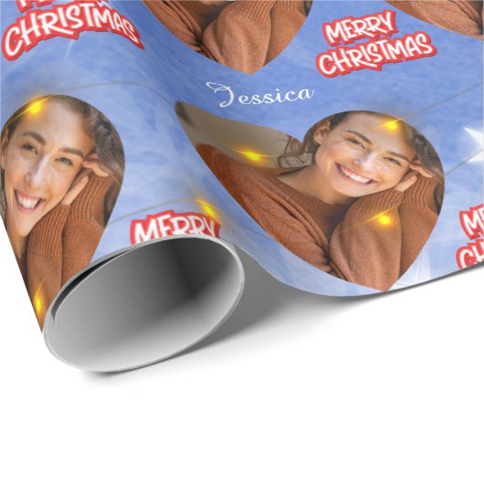Vrolijk Kerstfeest met 1 Hartfoto en Naam Blauw Cadeaupapier (Rol Hoek)