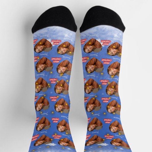 Vrolijk Kerstfeest met 1 Hartfoto en Naam Blauw Sokken (Top)