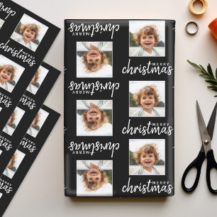 Vrolijk kerstfeest met 1 vierkante foto zwart inpakpapier vel