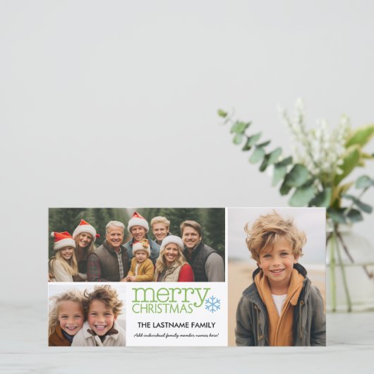 Vrolijk kerstfeest met 3 fotocollage - wit groen feestdagenkaart (Staand voorkant)