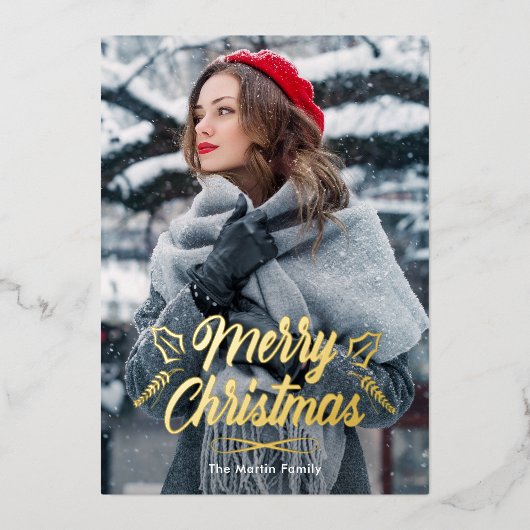 Vrolijk Kerstfeest met Botanicals Fotovakantie Folie Uitnodiging (Voorkant)