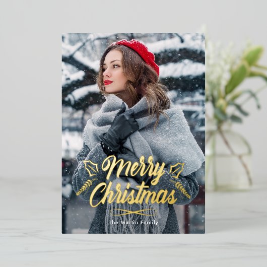 Vrolijk Kerstfeest met Botanicals Fotovakantie Folie Uitnodiging (Staand Voorkant)