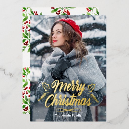 Vrolijk Kerstfeest met Botanicals Fotovakantie Folie Uitnodiging (Voorkant / Achterkant)