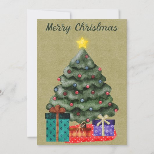 Vrolijk kerstfeest met cadeautjes en goudster feestdagenkaart (Voorkant)