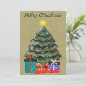 Vrolijk kerstfeest met cadeautjes en goudster feestdagenkaart (Staand voorkant)