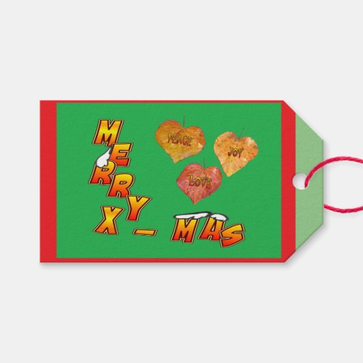 Vrolijk kerstfeest met drie hartvormige lederen ro cadeaulabel (Voorkant (Horizontaal))