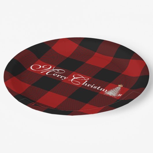 Vrolijk kerstfeest met een boom op buffelvlecht papieren bordje (Gekanteld)