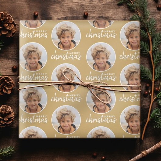 Vrolijk kerstfeest met één cirkelfoto - goud cadeaupapier