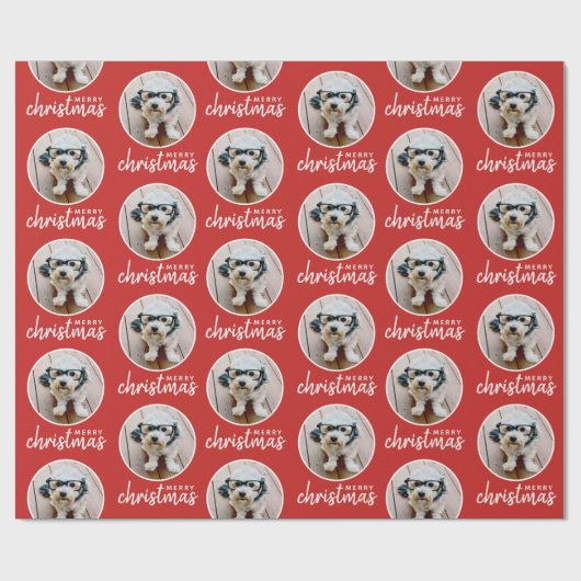 Vrolijk kerstfeest met één cirkelfoto - rood cadeaupapier (Vlak)