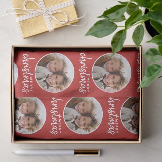 Vrolijk kerstfeest met één cirkelfoto - rood tissuepapier (Geschenk)