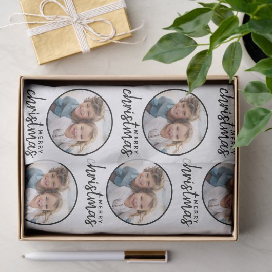 Vrolijk kerstfeest met één cirkelfoto - wit tissuepapier (Geschenk)