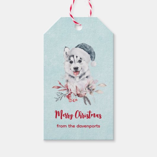 Vrolijk kerstfeest met een hond in een Santa Hat Cadeaulabel (Voorkant)