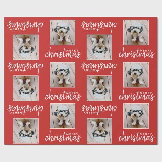Vrolijk kerstfeest met één vierkant foto - rood cadeaupapier (Vlak)