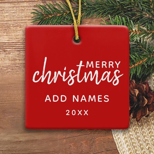 Vrolijk kerstfeest met één vierkant foto - rood keramisch ornament