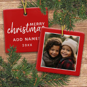 Vrolijk kerstfeest met één vierkant foto - rood keramisch ornament