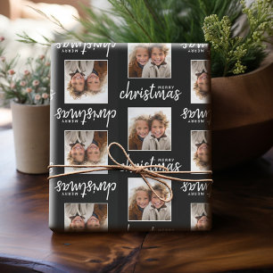 Vrolijk kerstfeest met één vierkante foto - zwart cadeaupapier