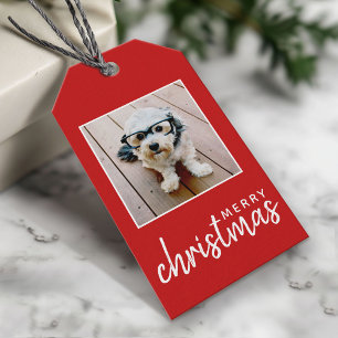 Vrolijk kerstfeest met één vierkante foto's - rood cadeaulabel