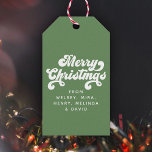 Vrolijk kerstfeest met eenvoudige Retro Typografie Cadeaulabel<br><div class="desc">Fun  typografie cadeau label voor MERRY CHRISTMAS en je aangepaste namen op retrogroen. Polka puntpatroon op de rug.</div>