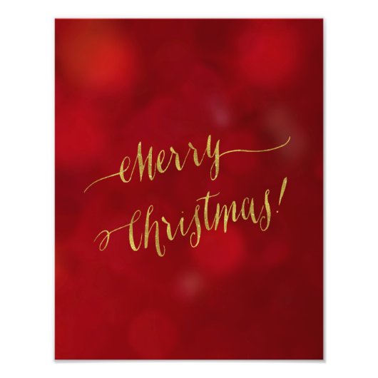Vrolijk kerstfeest met Gold Foil Red Bokeh-script Foto Afdruk (Voorkant)