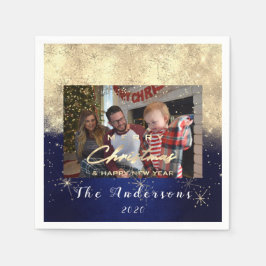 Vrolijk kerstfeest met Gold Glitter Photo Navy Servet