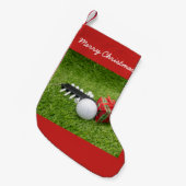 Vrolijk kerstfeest met golf en cadeau op groen kleine kerstsok (Voorkant (Hangend))