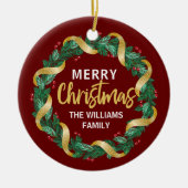 Vrolijk kerstfeest met gouden familie, aangepast r keramisch ornament (Voorkant)