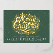 Vrolijk kerstfeest met gouden speckle Green Leaf Folie Feestdagenkaart (Voorkant)