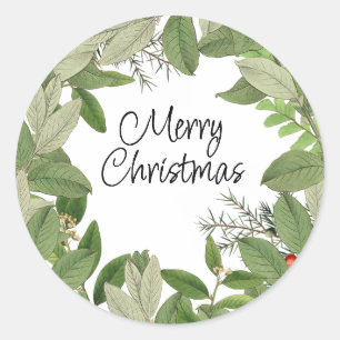 Vrolijk kerstfeest met Greenery Leaves Holiday Ronde Sticker
