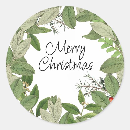 Vrolijk kerstfeest met Greenery Leaves Holiday Ronde Sticker (Voorkant)